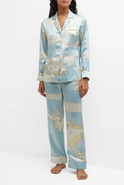 Olivia Von Halle Lila Silk Map-Print Pajama Set