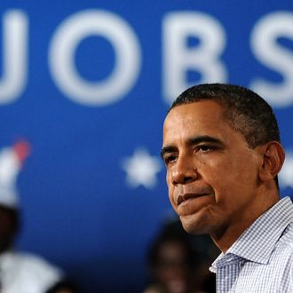 US President Barack Obama speaks at Greensville County High School in Emporia, Virginia, on October 18, 2011 during the second day of his three-day American Jobs Act bus tour to discuss jobs and the economy. The three-day tour through North Carolina and Virginia -- states Obama narrowly won in 2008 -- marks his latest effort to generate support for a $447 billion jobs bill blocked by Republican lawmakers in Washington. The White House has touted the jobs bill as a shot-in-the-arm for the economy and accused Republicans of playing politics by blocking it, as Democrats have vowed to break it down and bring votes on each of its components. AFP Photo/Jewel Samad (Photo credit should read JEWEL SAMAD/AFP/Getty Images)