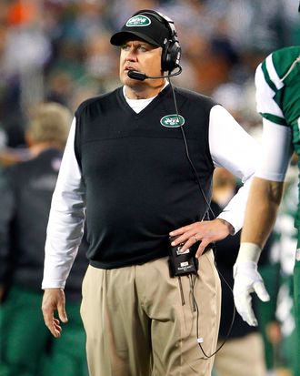 Head coach Rex Ryan of the New York Jets during a game against the New England Patriots at MetLife Stadium on November 22, 2012 in East Rutherford, New Jersey. The Patriots defeated the Jets 49-19.