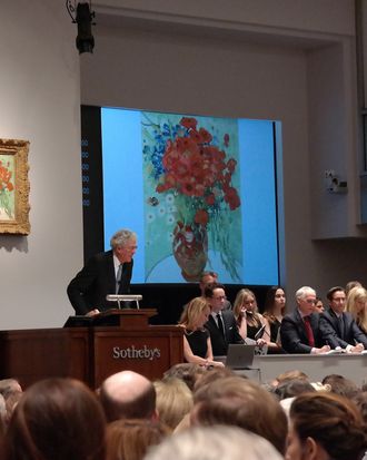 NEW YORK, NY - NOVEMBER 4: A view of an auction in which Alberto Giacometti's Chariot was sold for $101 million and Amadeo Modigliani's T?te sold for $70.7 million at Sotheby's in New York, United States on November 4, 2014. (Photo by Selcuk Acar/Anadolu Agency/Getty Images)