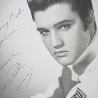 NEW YORK, NY - MARCH 21: An original photograph of Elvis Presley autographed and inscribed to songwriter and compose Irving Berlin on auction at Gotta Have It! store on March 21, 2012 in New York City. (Photo by Michael Loccisano/Getty Images)