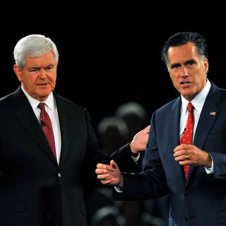 GOP Presidential candidate and former Massachusetts Governor Mitt Romney and rival candidate and former Speaker of the House Newt Gingrich during the American Principles Project Palmetto Freedom Forum, September 5, 2011 