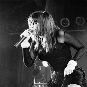 Singer Chrissy Amphlett (1959 - 2013) performing with Australian rock group Divinyls at the Hollywood Palladium, Los Angeles, California, 1991. 