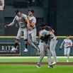 The Detroit Tigers celebrate after defeating the Houston Astros in Game 2 of the Wild Card Series.