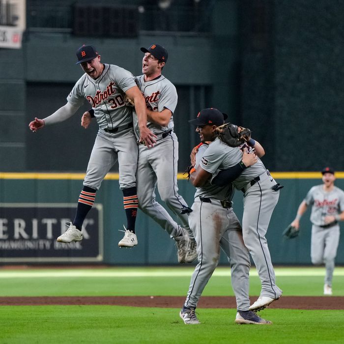 The Detroit Tigers celebrate after defeating the Houston Astros in Game 2 of the Wild Card Series.