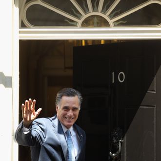 Mitt Romney, the Republican nominee for the USA presidential election, arrives in Downing Street to meet with British Prime Minister David Cameron on July 26, 2012 in London, England. Mitt Romney is meeting various leaders, past and present, on his visit to the UK including Tony Blair, Ed Miliband and Nick Clegg.