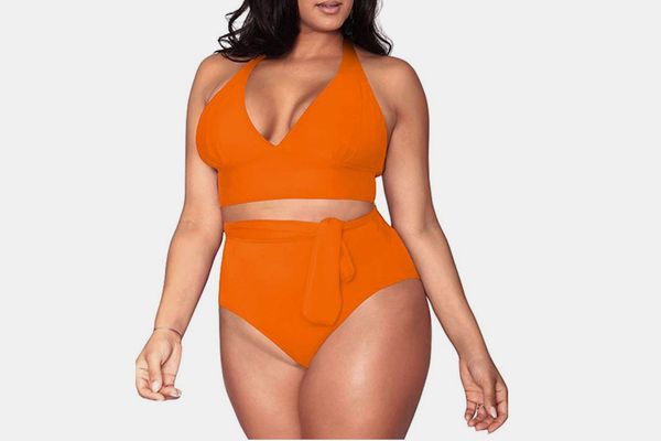 Sovoyontee Plus Size High Waisted Swimsuit in Neon Orange
