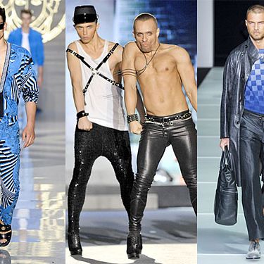 From left: new menswear looks from Versace, DSquared2, and Giorgio Armani.