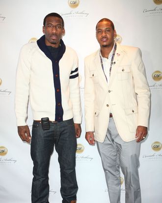 Amar'e Stoudemire and Carmelo Anthony pose at 'A Very Melo Brunch' on February 20, 2011 in West Hollywood, California.