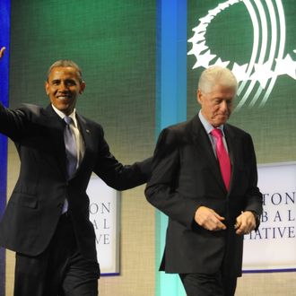 NEW YORK, NY - SEPTEMBER 21: U.S. President Barack Obama and former President Bill Clinton attend the Clinton Global Initiative at the Sheraton New York Hotel and Towers September 21, 2011 in New York City. The three-day forum brings together world leaders and other dignitaries to discuss worldwide problems and potential solutions. (Photo by Aaron Showalter-Pool/Getty Images)