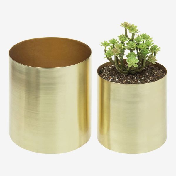 MyGift Cylindrical Brushed-Brass-Plated Planter Pots (Set of 2)