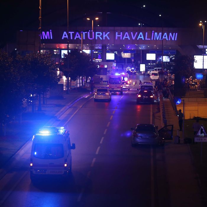 Police blocks the entrance of the Ataturk International Airport after an explosion, in Istanbul, Turkey on June 28, 2016. Unspecified number of injured in explosion at Istanbul's Ataturk International Airport.