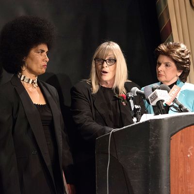 Actress Lili Bernard and writer Sammie Mays with lawyer Gloria Allred, at a press conference in New York City in May.