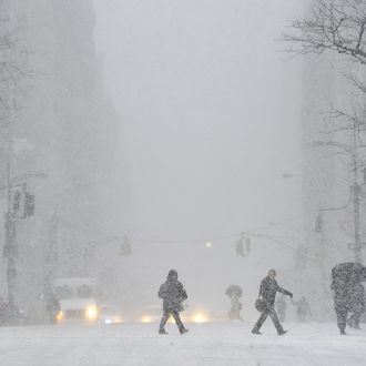 A view down 5th Avenue in the snow as New Yorkers get hit with a winter storm in the Northeast January 21, 2014 that could bring up to a foot (30 cm) of snow in the city. AFP PHOTO / TIMOTHY CLARY (Photo credit should read TIMOTHY A. CLARY/AFP/Getty Images)