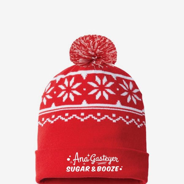 Sugar & Booze Embroidered Red Pom Beanie