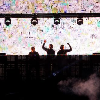 INDIO, CA - APRIL 13: DJ group Swedish House Mafia spins onstage during day 1 of the 2012 Coachella Valley Music & Arts Festival at the Empire Polo Field on April 13, 2012 in Indio, California. (Photo by Kevin Winter/Getty Images for Coachella)