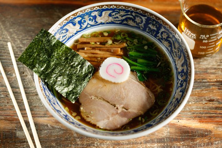 Nakamura's yuzu ramen with chashu, menma, spinach, and shoyu tare.