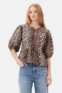 Ganni Leopard Cotton-Poplin Peplum Tie Blouse