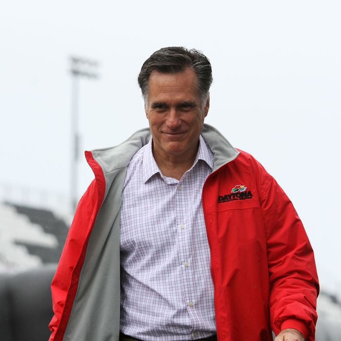 DAYTONA BEACH, FL - FEBRUARY 26: Republican presidential candidate, former Massachusetts Gov. Mitt Romney walks away after speaking during driver introductions for the NASCAR Sprint Cup Series Daytona 500 at Daytona International Speedway on February 26, 2012 in Daytona Beach, Florida. (Photo by Jerry Markland/Getty Images for NASCAR)