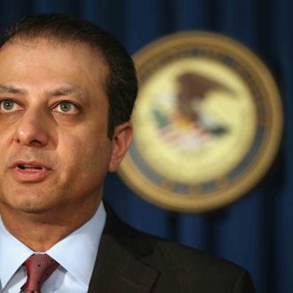 U.S. Attorney for the Southern District of New York Preet Bharara addresses the media on May 7, 2013 in New York City. Bharara announced an indictment that charged leaders of the Mission Settlement Agency with mail and wire fraud in a scheme that allegedly victimized 1,200 debters in a multi-million dollar scheme. The case was the first referral from the new Consumer Financial Protection Bureau. 