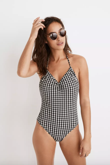 Madewell Second Wave Seersucker Drawstring One-piece Swimsuit in Gingham Check