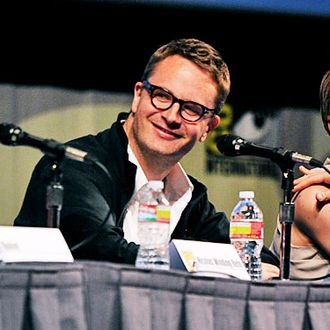 SAN DIEGO, CA - JULY 21: (L-R) Moderator Eric Vespe, director Nicolas Winding Refn, actress Carey Mulligan and actor Ron Perlman speak at Film District Studio Panel in Hall H at the San Diego Convention Center on July 21, 2011 in San Diego, California. (Photo by Kevin Winter/Getty Images for MRC)