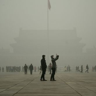 A visitor (centre R) takes a photo in Tiananmen Square during heavy pollution in Beijing on December 1, 2015.