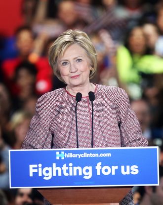 Hillary Clinton wears a Giorgio Armani jacket in April.