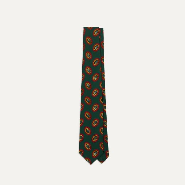 Drake's Green Oval Medallion Print Silk Self Tipped Tie
