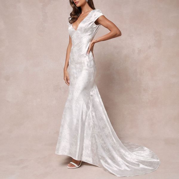 Lulu's Loveliest Dream White Satin Jacquard Backless Mermaid Maxi Dress