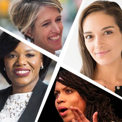 Clockwise from top left: Zephyr Teachout, Julia Salazar, Ayana Pressley, Cori Bush.