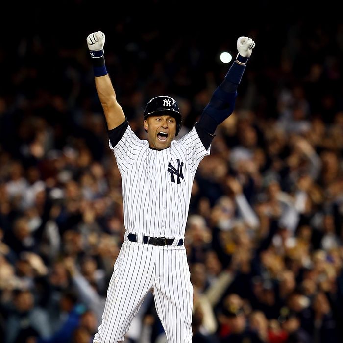 NEW YORK, NY - SEPTEMBER 25: Derek Jeter #2 of the New York Yankees celebrates after a game winning RBI hit in the ninth inning against the Baltimore Orioles in his last game ever at Yankee Stadium on September 25, 2014 in the Bronx borough of New York City. (Photo by Elsa/Getty Images)