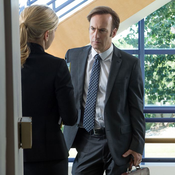Bob Odenkirk as Jimmy McGill and Rhea Seehorn as Kim Wexler - Better Call Saul _ Season 2, Episode 3 - Photo Credit: Ursula Coyote/Sony Pictures Television/ AMC