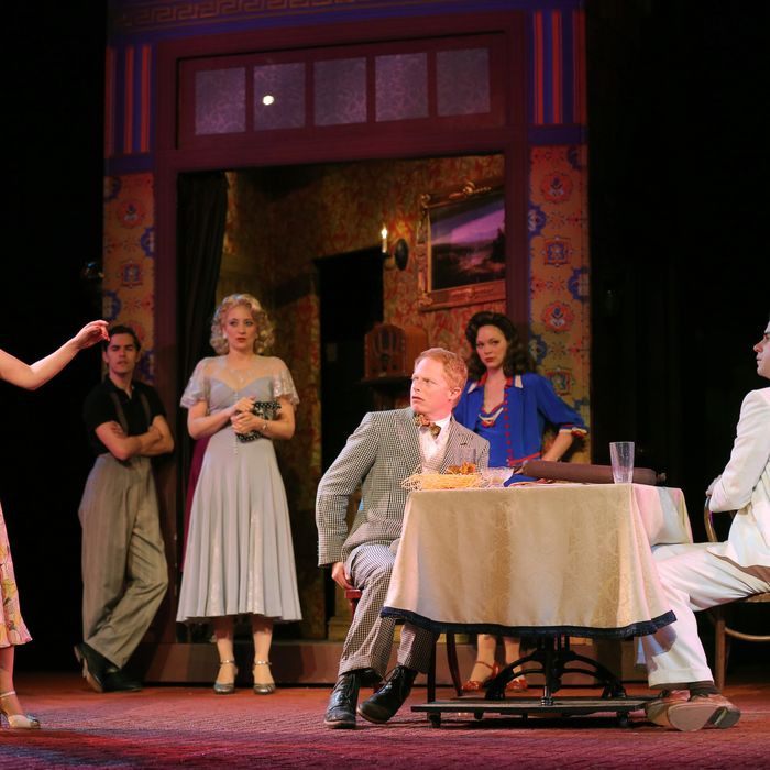Emily Bergl, Brian T. Lawton, Heidi Schreck, Jesse Tyler Ferguson, Rachel McMullin and Hamish Linklater in The Public Theater's Shakespeare in the Park production of The Comedy of Errors, directed by Daniel Sullivan, running at the Delacorte Theater in Central Park through June 30.