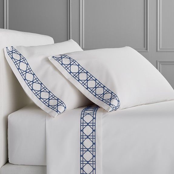 Williams Sonoma Chambers Cane Embroidery 300 Thread Count Sheet Set 