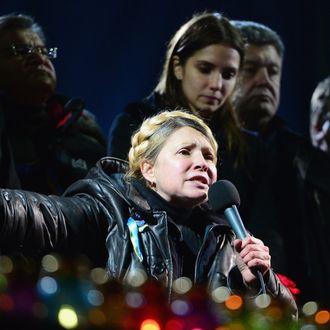 Former Ukrainian Prime Minister Yulia Tymoshenko addresses the crowd in Independence Square after being freed from prison on February 22, 2014 in Kiev, Ukraine. Ukrainian members of parliament have voted to oust Viktor Yanukovych and bring presidential elections forward to the 25th of May. 