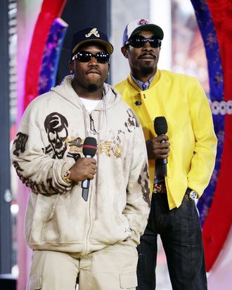 Actor/rappers Antwan A. (Big Boi) Patton (L) and Andre (Andre 3000) Benjamin of Outkast appear onstage during MTV's Total Request Live at the MTV Times Square Studios on August 22, 2006 in New York City. 