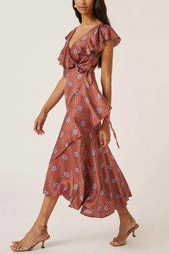 Anthropologie Ruffle-Sleeve Printed-Wrap Maxi Dress