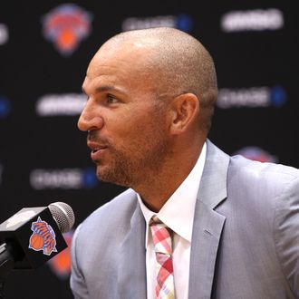 Jason Kidd of the New York Knicks is introduced during a press conference on July 12, 2012 at the MSG Training Facility in Tarrytown, New York.