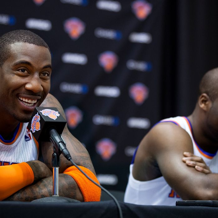 The Knicks' Amar'e Stoudemire, left, smiles along with Raymond Felton during Media Day at the New York Knicks training facility in Greenburgh, N.Y. Monday, Oct. 1, 2012.