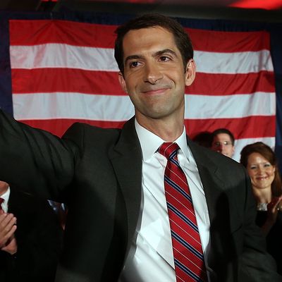 NORTH LITTLE ROCK, AR - NOVEMBER 04: U.S. Rep. Tom Cotton (R-AR) and republican U.S. Senate elect in Arkansas greets supporters during an election night gathering on November 4, 2014 in North Little Rock, Arkansas. Cotton defeated two-term incumbent democrat U.S. Sen. Mark Pryor (D-AR). (Photo by Justin Sullivan/Getty Images)