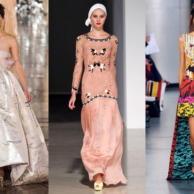 From left: new spring looks from Giles Deacon, Temperley London, and Mary Katrantzou.