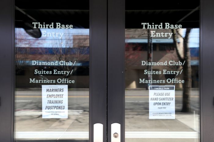 The doors of T-Mobile Park in Seattle on March 15, after the MLB cancelled spring training and delayed opening day.