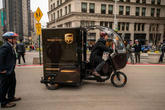 Both UPS branded and Amazon cargo bikes are demonstrated at a media event in the Flatiron neighborhood of New York on Wednesday, December 4, 2019. The program, which also involves DHL, is focused on reducing congestion on Manhattans streets below 60 Str