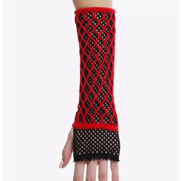 Red & Black Fishnet Layered Arm Warmers
