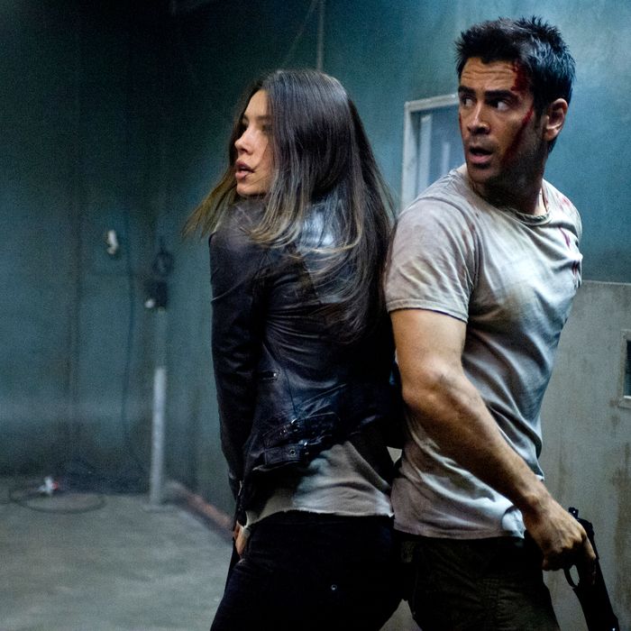 Jessica Biel (left) and Colin Farrell star in Columbia Pictures' action thriller TOTAL RECALL.
