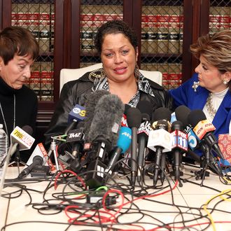 LOS ANGELES, CA - DECEMBER 03: Attorney Gloria Allred (R) speaks at a press conference with Chelan (C) and Helen Hayes (L), alleged victims of Bill Cosby, on December 3, 2014 in Los Angeles, California. Cosby has been accused of sexual assault by approximately 20 women. (Photo by Frederick M. Brown/Getty Images)