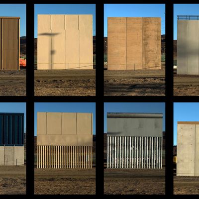 This combination of pictures shows the eight prototypes of US President Donald Trump's US-Mexico border wall being built near San Diego.