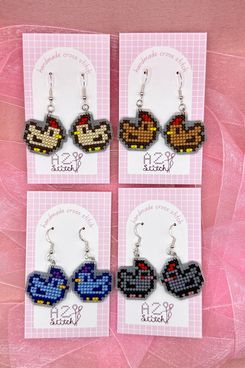 AZ Stitch ‘Stardew Valley’ Cross-stitch Chicken Earrings