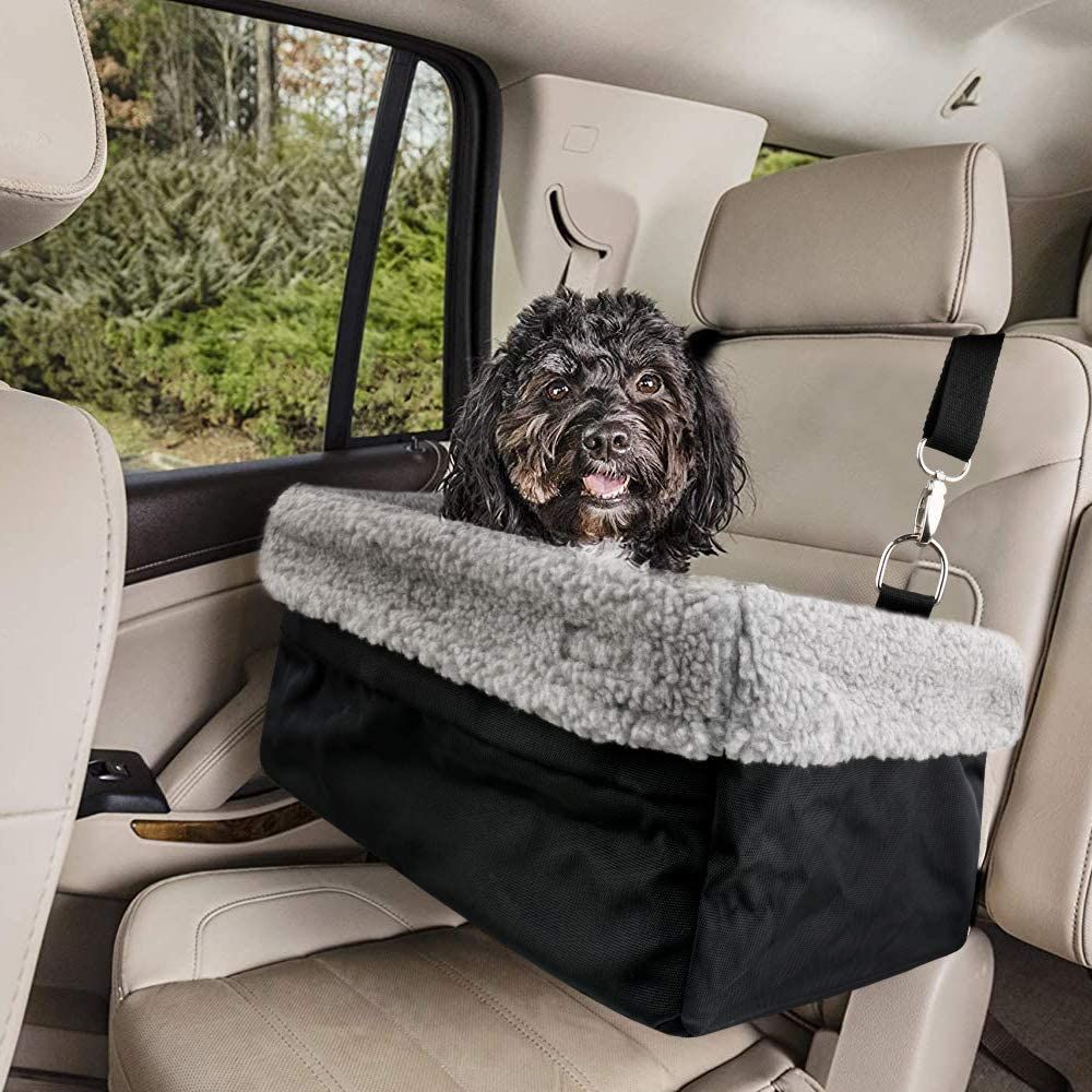 Non-Slip Car Seat Dog Bed for Dog Dog Booster Car Seat Pet Travel Car Carrier Bed with Clip-On Safety Leash and Storage Pocket Upgrade and Any Pets Under 25 LB Cat 